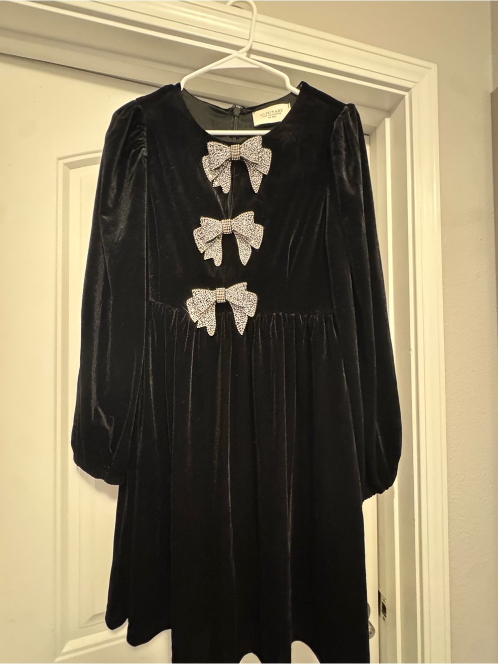 Women's Black Velvet Dress with Crystal Bow Accents